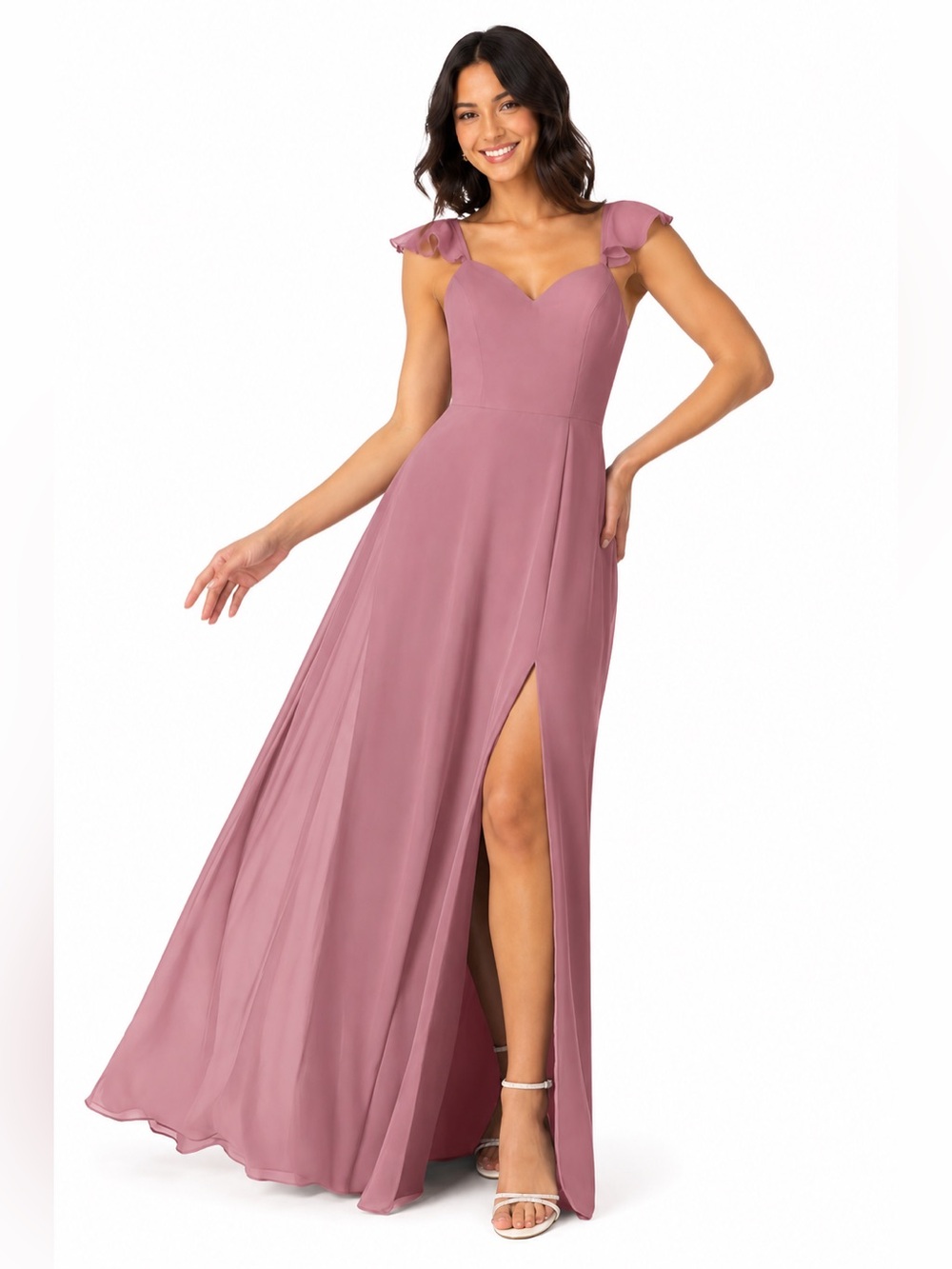 Azazie Everett Dusty Rose Chiffon Bridesmaid Dress Sz 4A Ruffle Sleeve Open Back